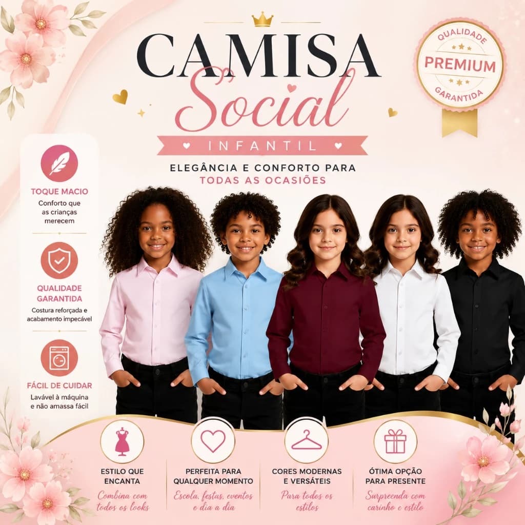 Camisa Social Infantil Manga Longa Lisa Menino Menina Tamanho 2 ao 10 Premium - Envio Imediato !!!