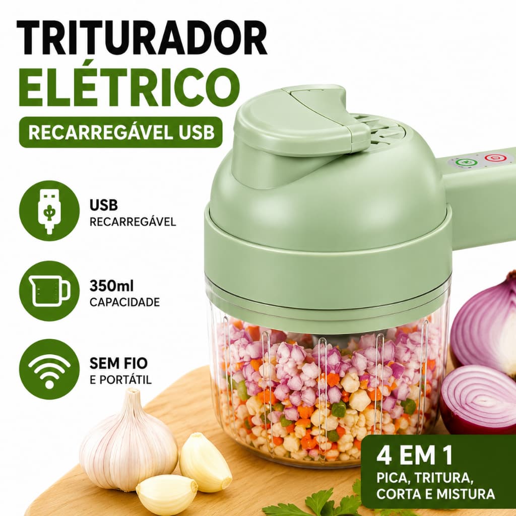 Mini Triturador Elétrico USB 4 em 1 Recarregável 350ml Processador de Alimentos