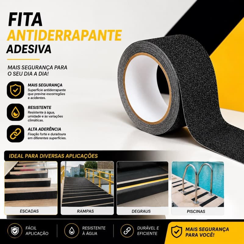 Fita Antiderrapante 5m Preta  Alta Aderência Segurança Para Escada, Piso e Rampa JD18