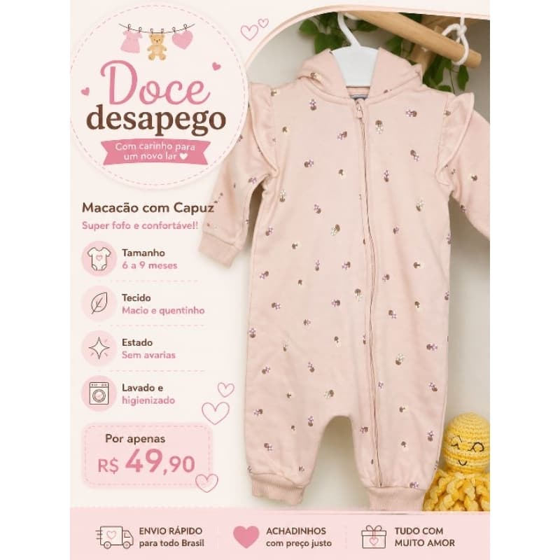 ​Macacão Bebê Menina Com Capuz Zíper Plush Quentinho Sem Avarias Desapego 6 a 9 Meses Hering Kids
