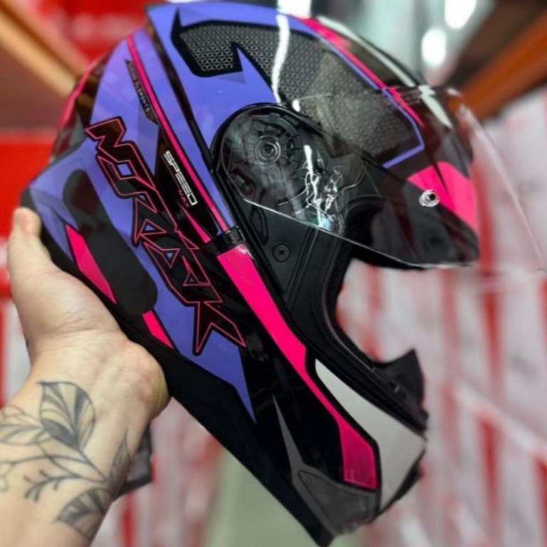 CAPACETE NORISK RAZOR SPEEDMAX ORIGINAL ROXO/ROSA NARIGUEIRA + BAVETE + VISEIRA CRISTAL