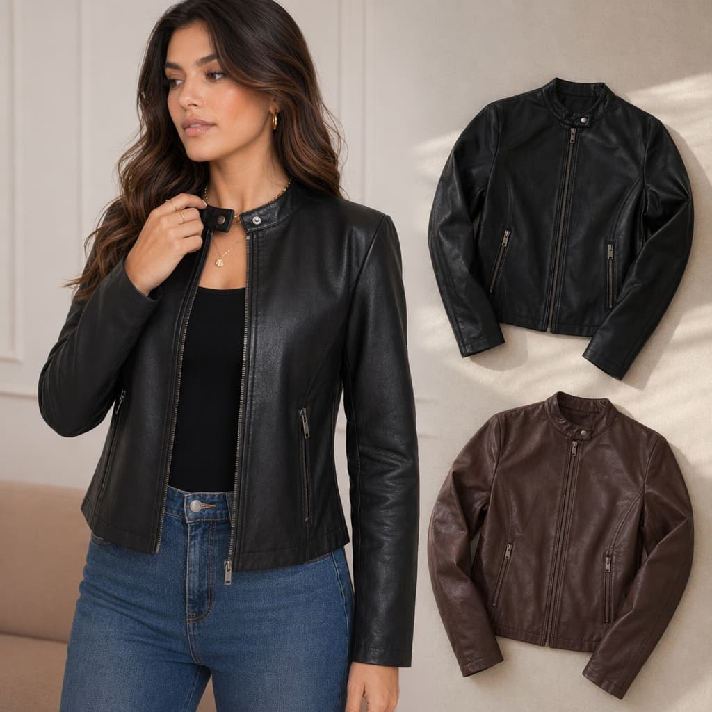 Jaqueta de Couro PU Feminina Forrada com 2 Bolsos Biker