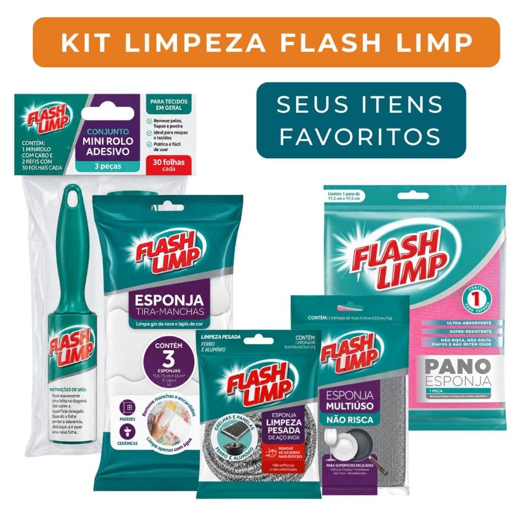 Kit Limpeza Flash Limp Limpeza Pesada Não Risca Tira Pelo Pano Esponja Magica Tira Mancha Casa