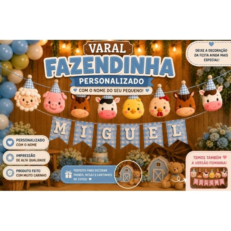 Varal Personalizado Fazendinha Menino com Nome | Bandeirola Decorativa para Festa Infantil | Animais da Fazenda