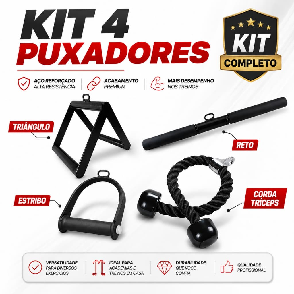 Kit 4 Puxadores Barra Reta Corda Tríceps Triangulo Remada Estribo Crossover Musculação Academia Gym