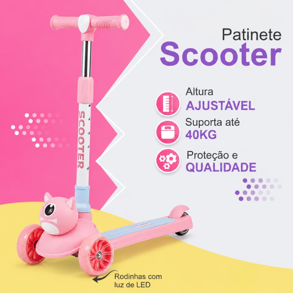 Scooter Patinete Infantil 3 Rodas Ajustável LED Cores Menino Menina Dia das Crianças