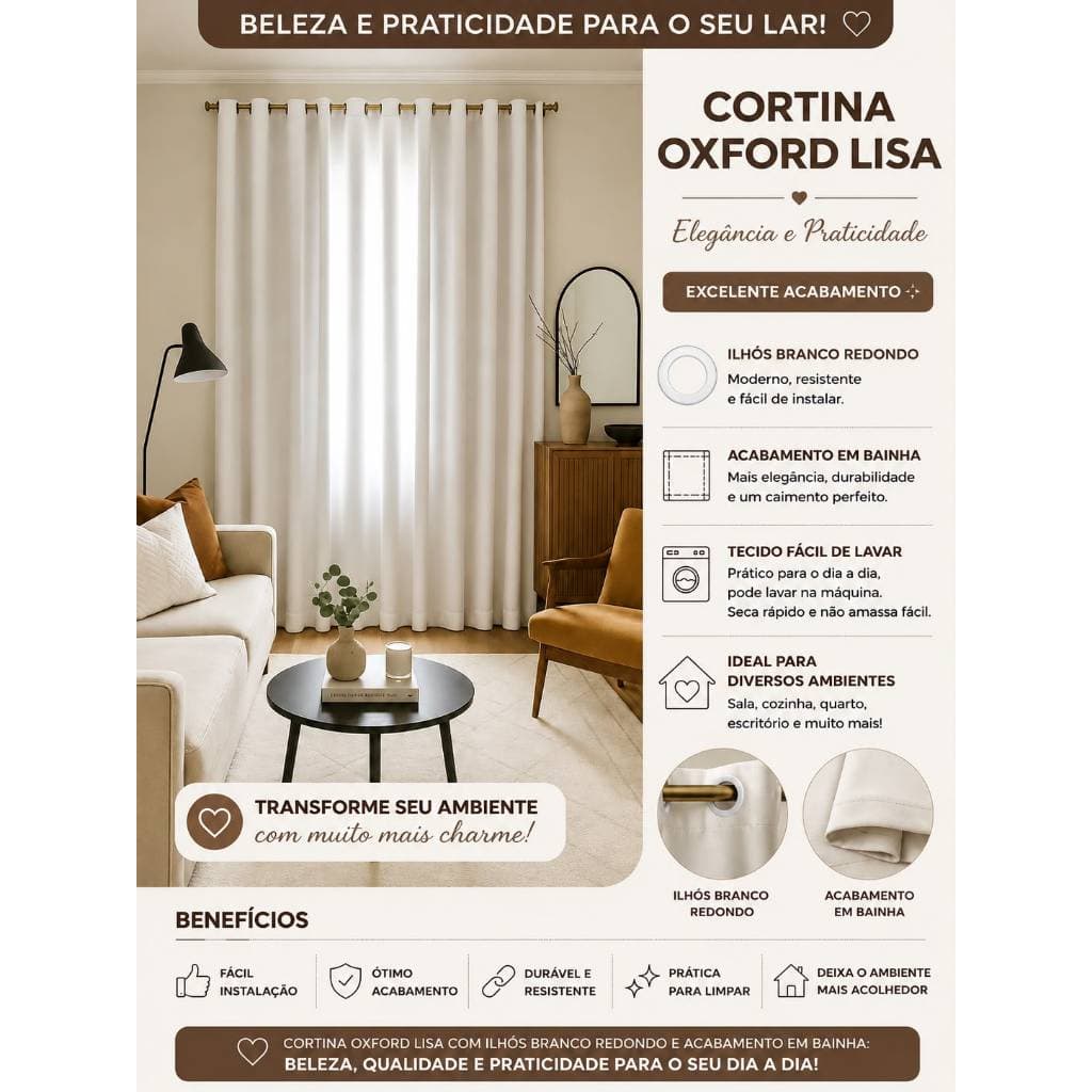 Cortina Lisa Oxford Idealle 2,80X2,20 alt Cortina em Tecido Liso , Basica E Prática para Sala, Quarto Decorativa