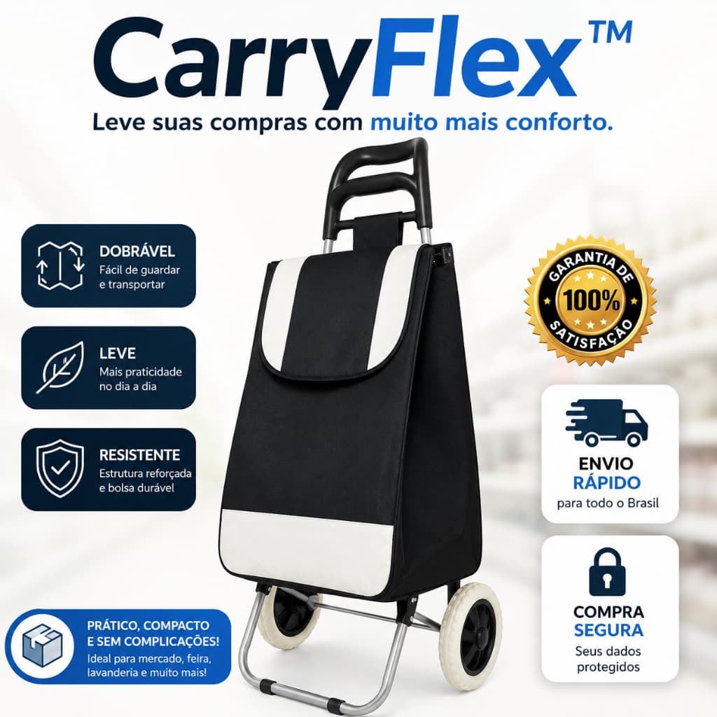 Carrinho de Feira Dobrável com Rodinhas Bolsa Reforçada para Compras Mercado Supermercado Lavanderia CarryFlex™