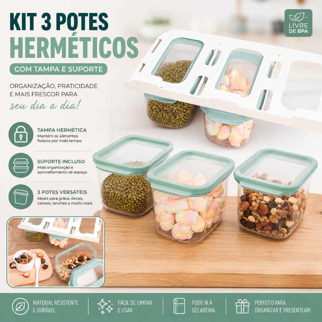 Kit 3 Potes Herméticos 900ml com Tampa e Suporte Organizador para Armário – Transparente com Tampa Verde