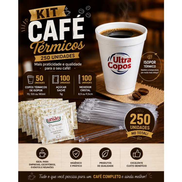 Kit Café 250 Unidades – 50 Copos Térmicos de Isopor + 100 Açúcar Sachê + 100 Mexedores Cristal