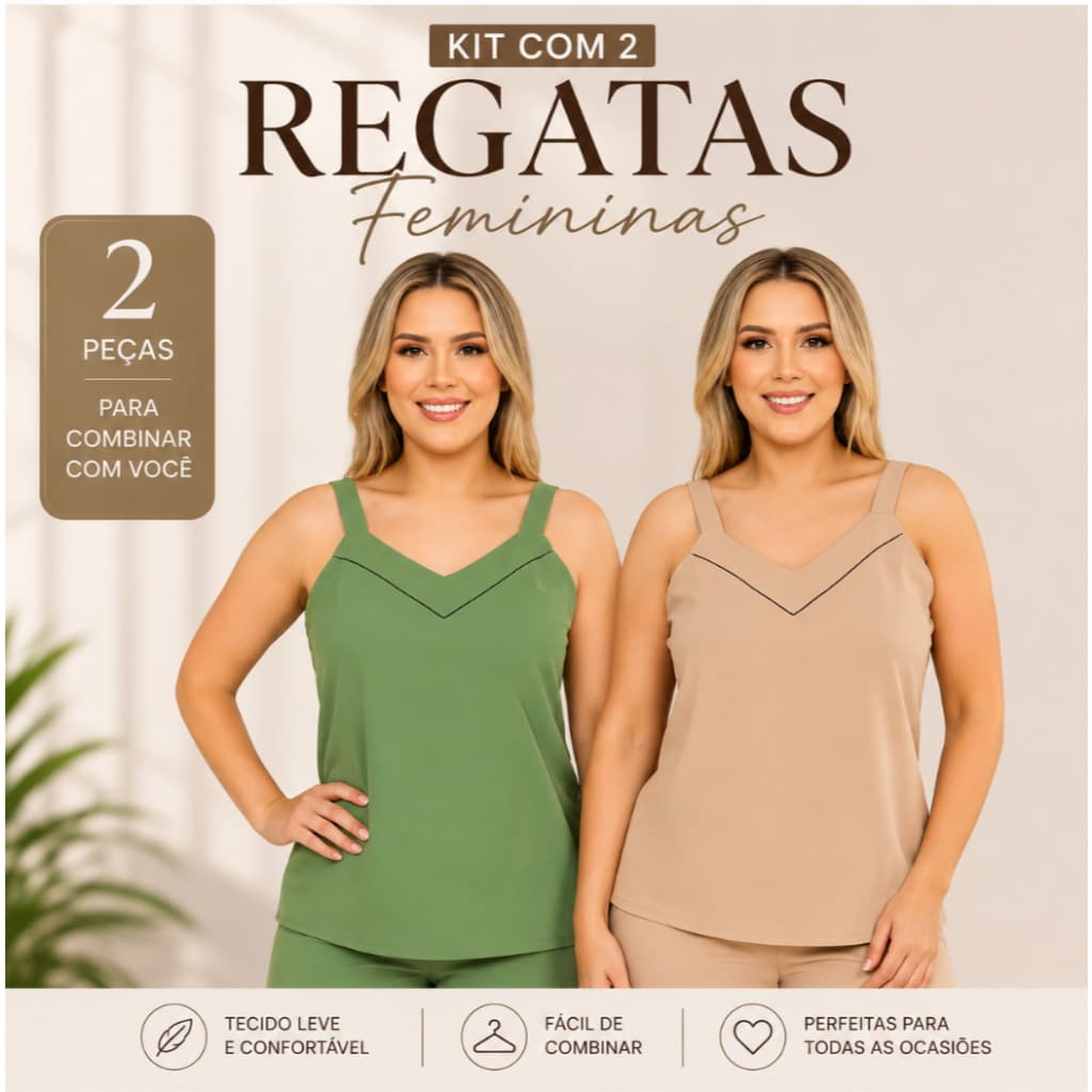Kit 2 Regatas Femininas Gola V Tecido Crepinho Tendência