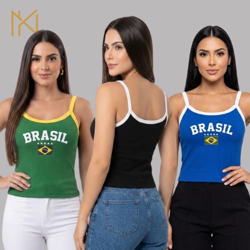 Regata Alcinha Brasil Feminina Estampa DTF Kit ou Unitário Canelada Premium P ao GG NAYKLÊ
