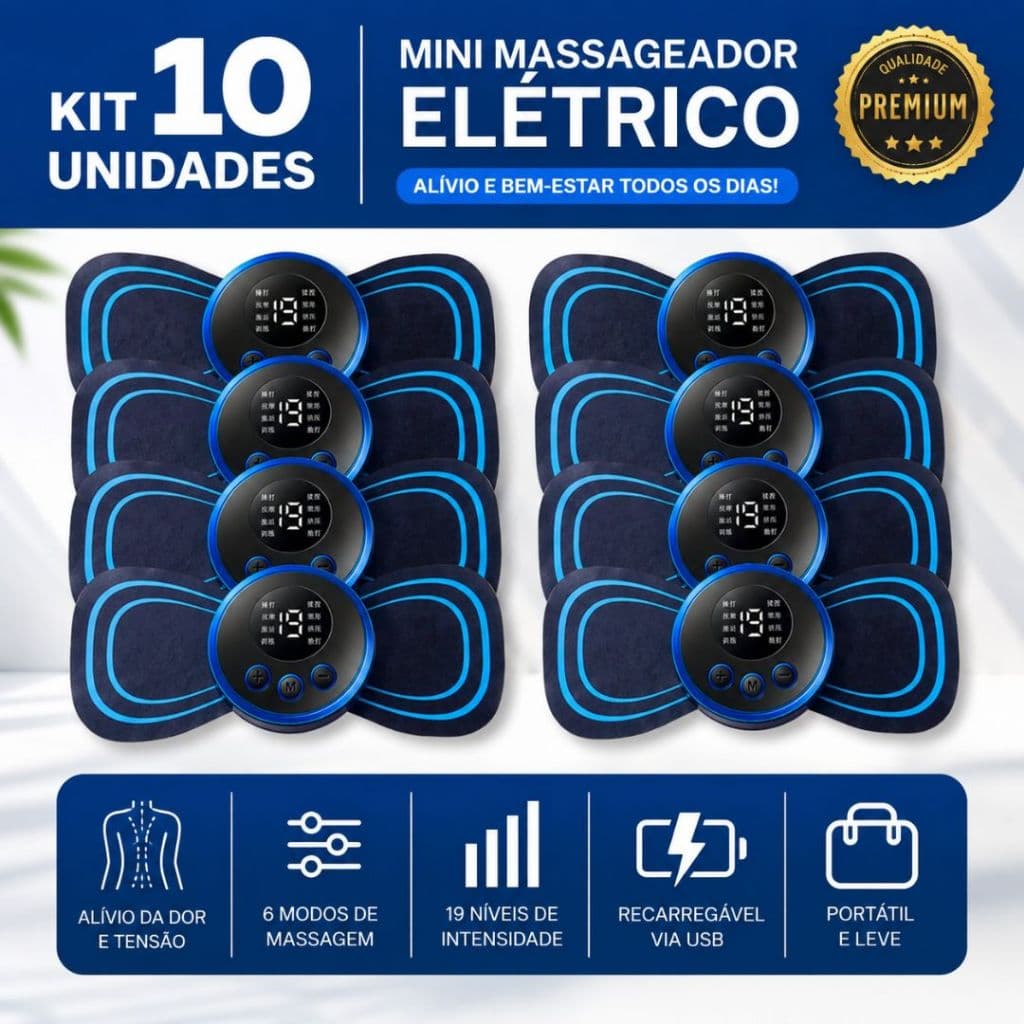 Kit 10 Massageador Elétrico Portátil EMS TENS Recarregável USB Alívio Muscular 6 Modos 19 Níveis