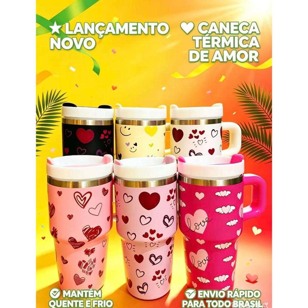 Copo térmico de corações em Aço Inox 600ml Com Alça, Tampa Anti Vazamento e Canudo Presente Romântico Dia dos Namorados