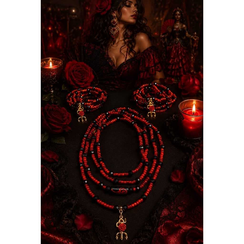 GUIA DE POMBA GIRA , COLAR DE CONTAS , FIO DE PROTEÇÃO COM MIÇANGA (4mm) e CRISTAL(8MM) E GARFO   ( VERMELHO E PRETO )