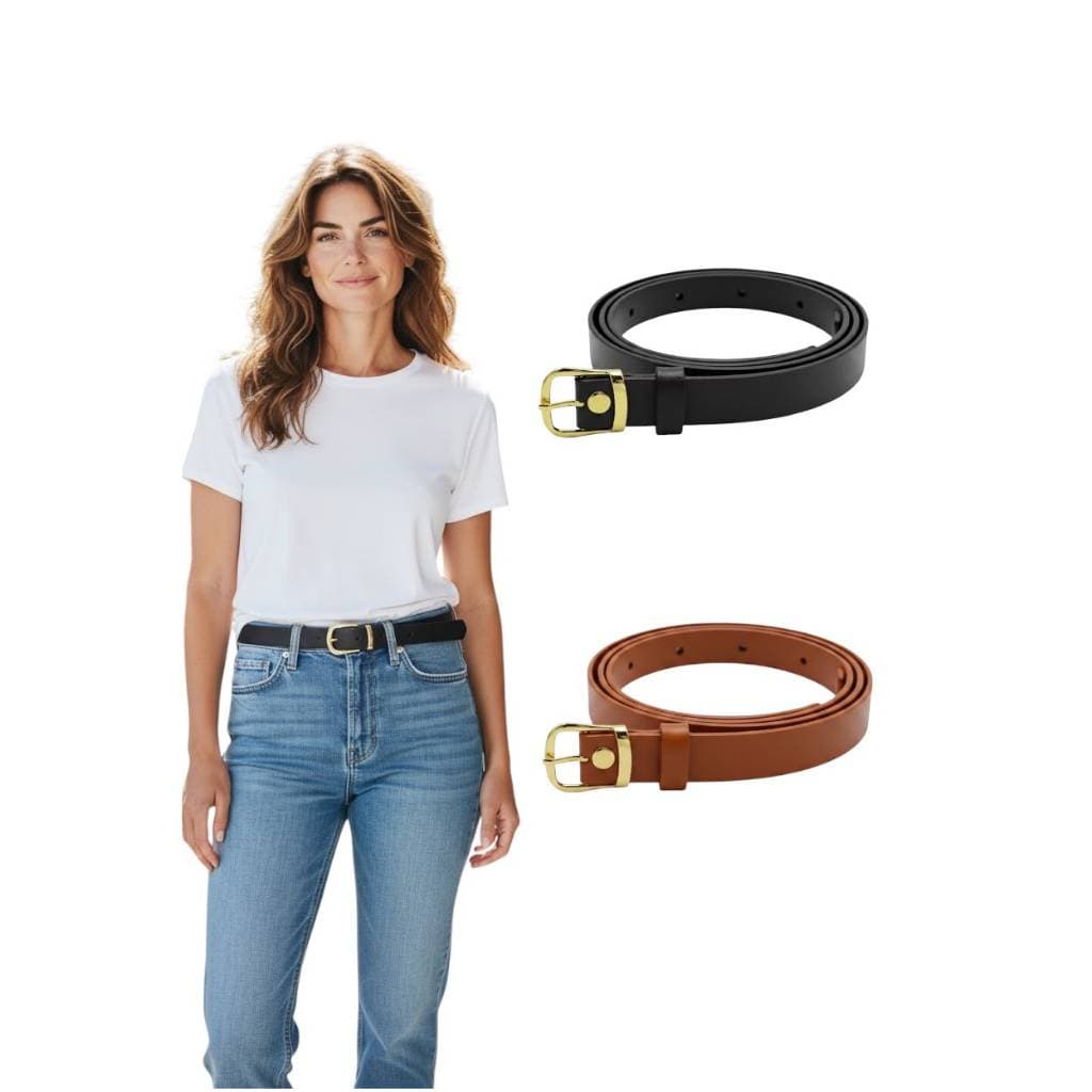 Kit2 Cintos Feminino Elegante Da Moda Fino 2cm Couro Sintético Fivela Dourada Ajustável - Tuane