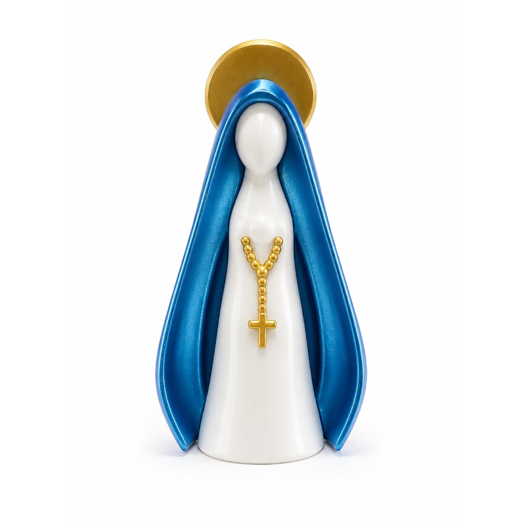 Escultura Decorativa Nossa Senhora com Manto Azul e Halo Dourado