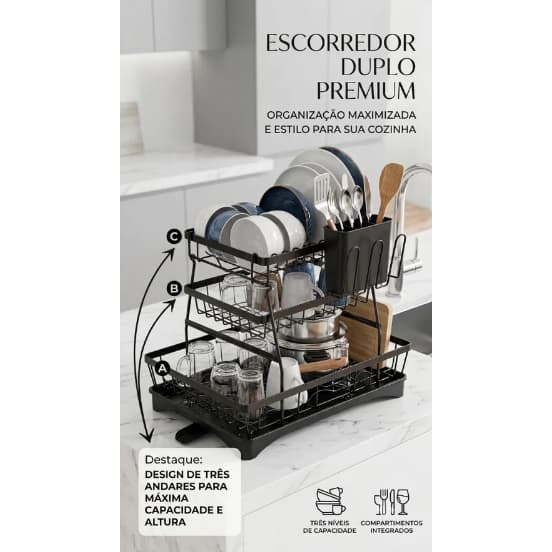 Escorredor de Louças 3 Níveis Preto Organizador de Cozinha ESC 13