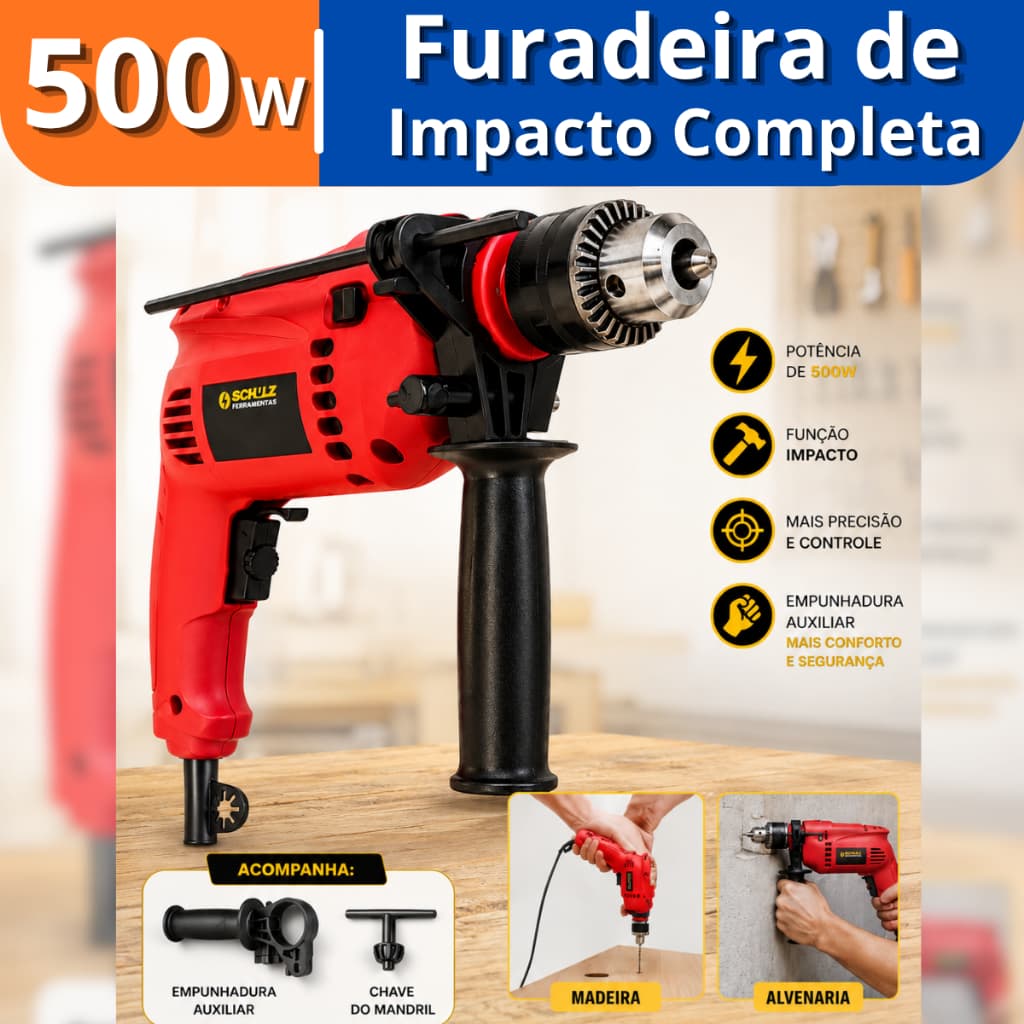 Furadeira Impacto Completa Parede Fura Madeira Aço Concreto 220v 500w Schulz