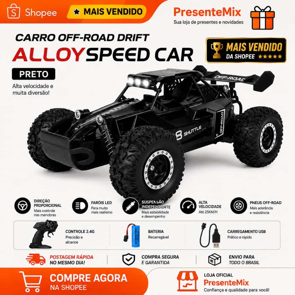 Carrinho de Controle Remoto alta velocidade 24CM Bateria Recarregável