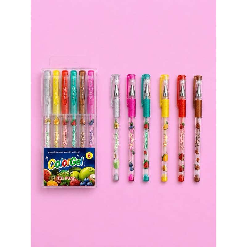 Kit 6 Canetas em Gel Coloridas com Cheirinho de Frutas Ponta Fina 0.5mm Escrita Macia Escolar