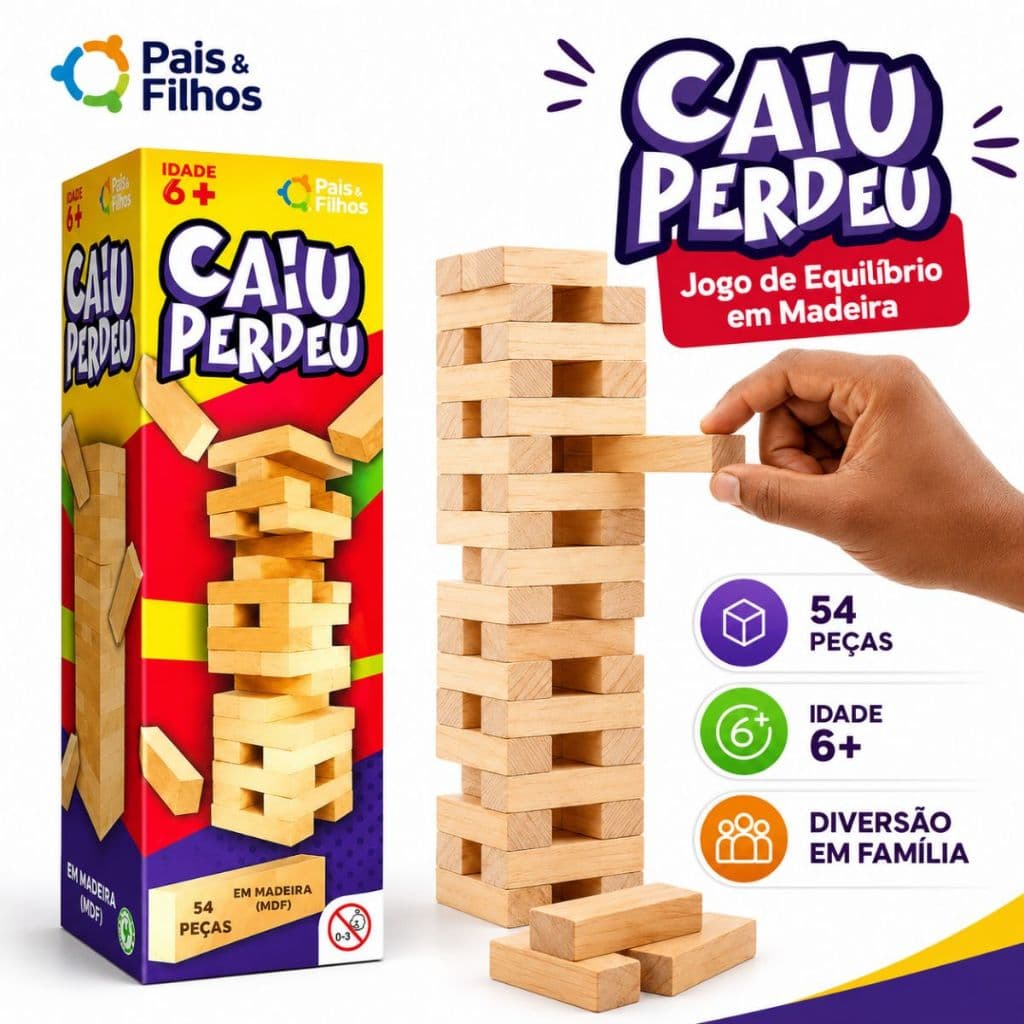 Jogo Caiu Perdeu  Pais & Filhos Torre de Madeira Equilíbrio Infantil 54 Peças o Clássico Brinquedo