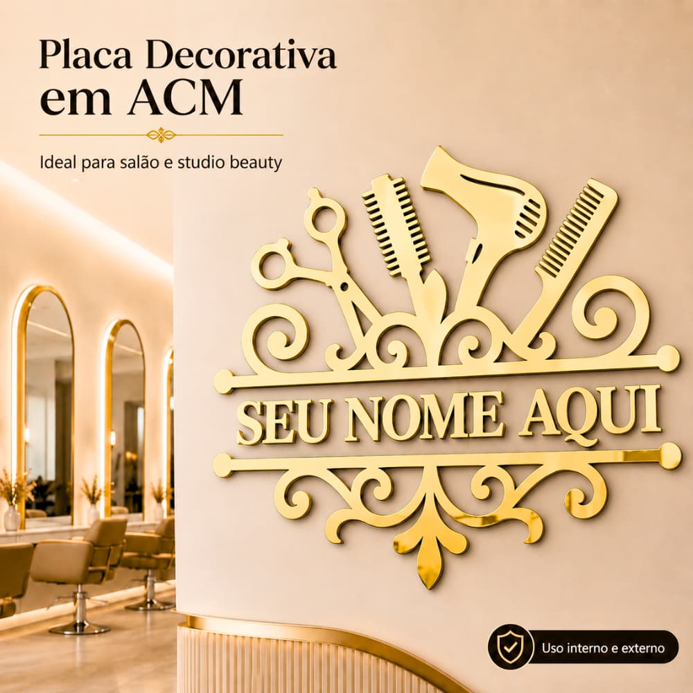 PLACA SALÃO, STUDIO, PERSONALIZADA,LETREIRO ACM DOURADO, ROSÊ, ACRÍLICO, PARA FACHADA, RECEPÇÃO. M 1