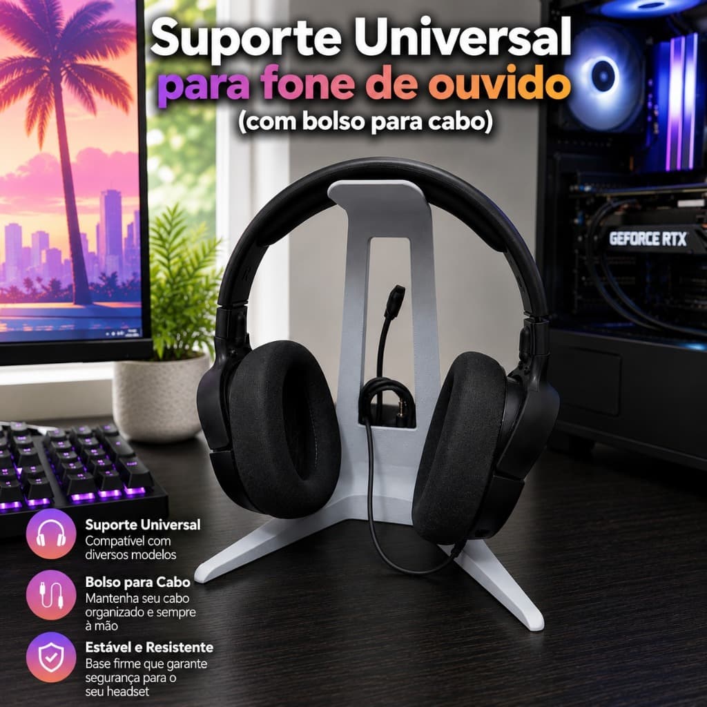 Suporte de Mesa para Fone de Ouvido Headset Universal com Organizador de Cabo