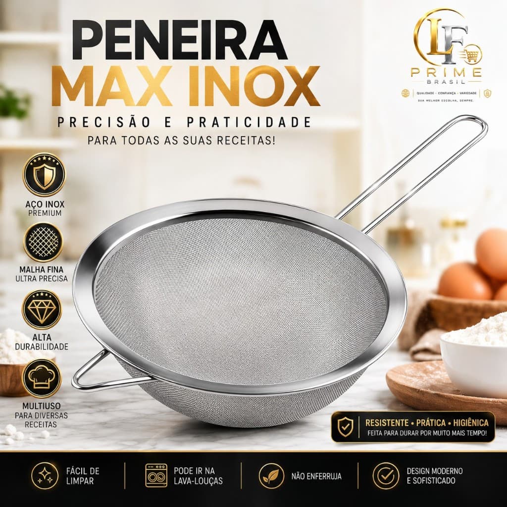 Peneira Cozinha Max Inox Profissional Malha Fina Multiuso Aço Inox Para Farinha Chá Café Sucos 14cm 16cm e 18cm