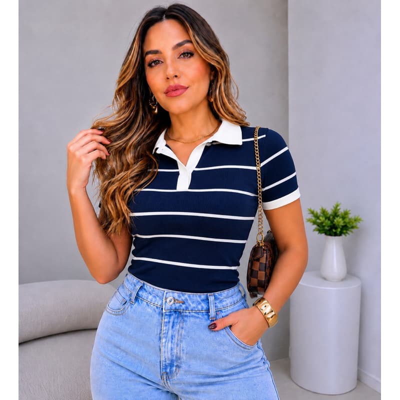 Blusa Polo Feminina Canelada Listrada Manga Curta Gola Contrastante Casual Moda