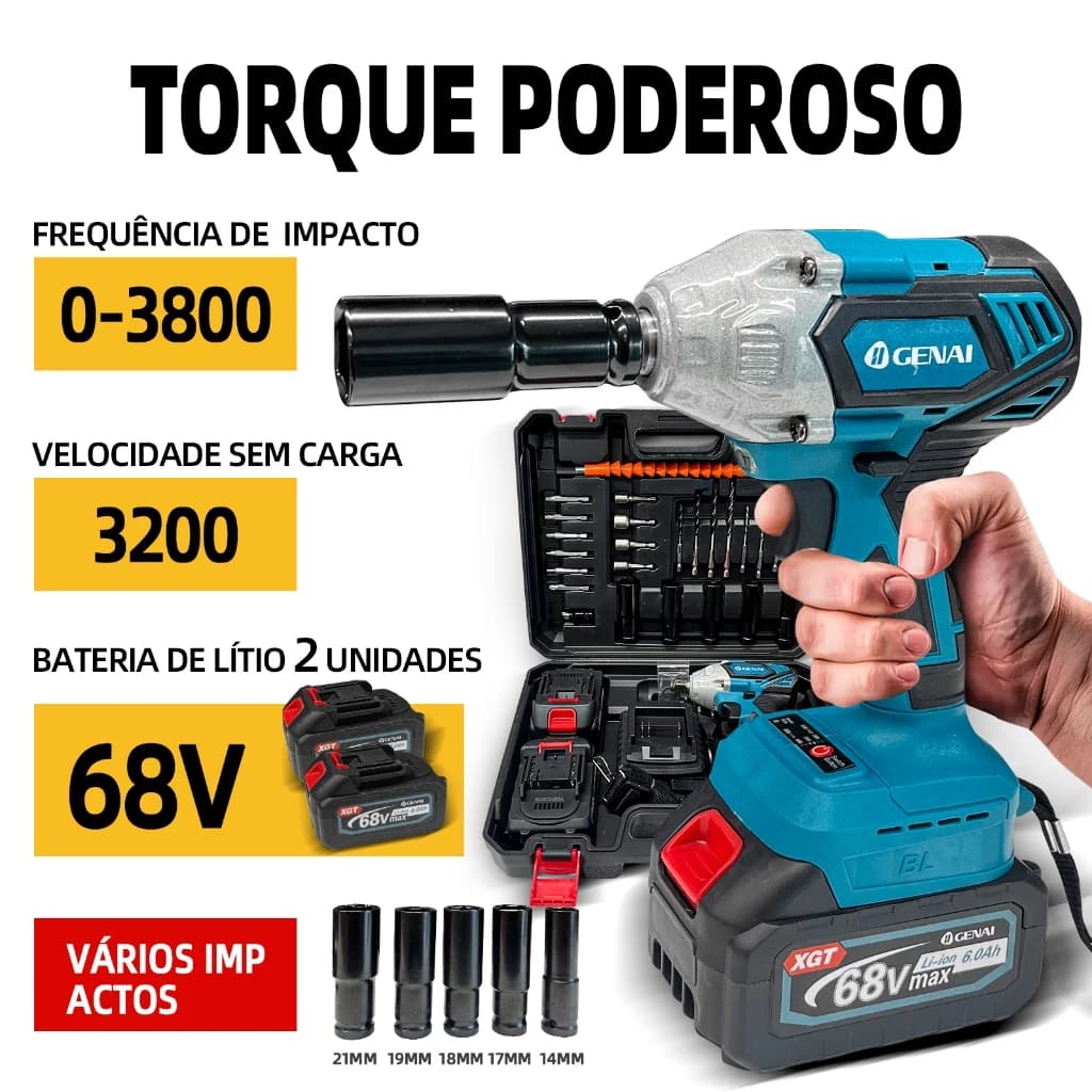 Chave De Impacto Elétrica Sem Fio De 21V/68VA Duas Baterias Torque De 700NM Chave De Torque Sem Escova.
