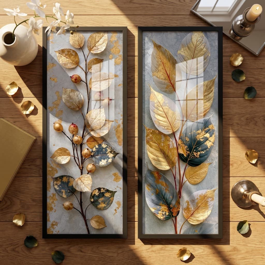 Kit 2 Quadros Decorativos Folhas Douradas 18x45 Sala Quarto Luxo Elegante Dourado Moderno Moldura Vidro