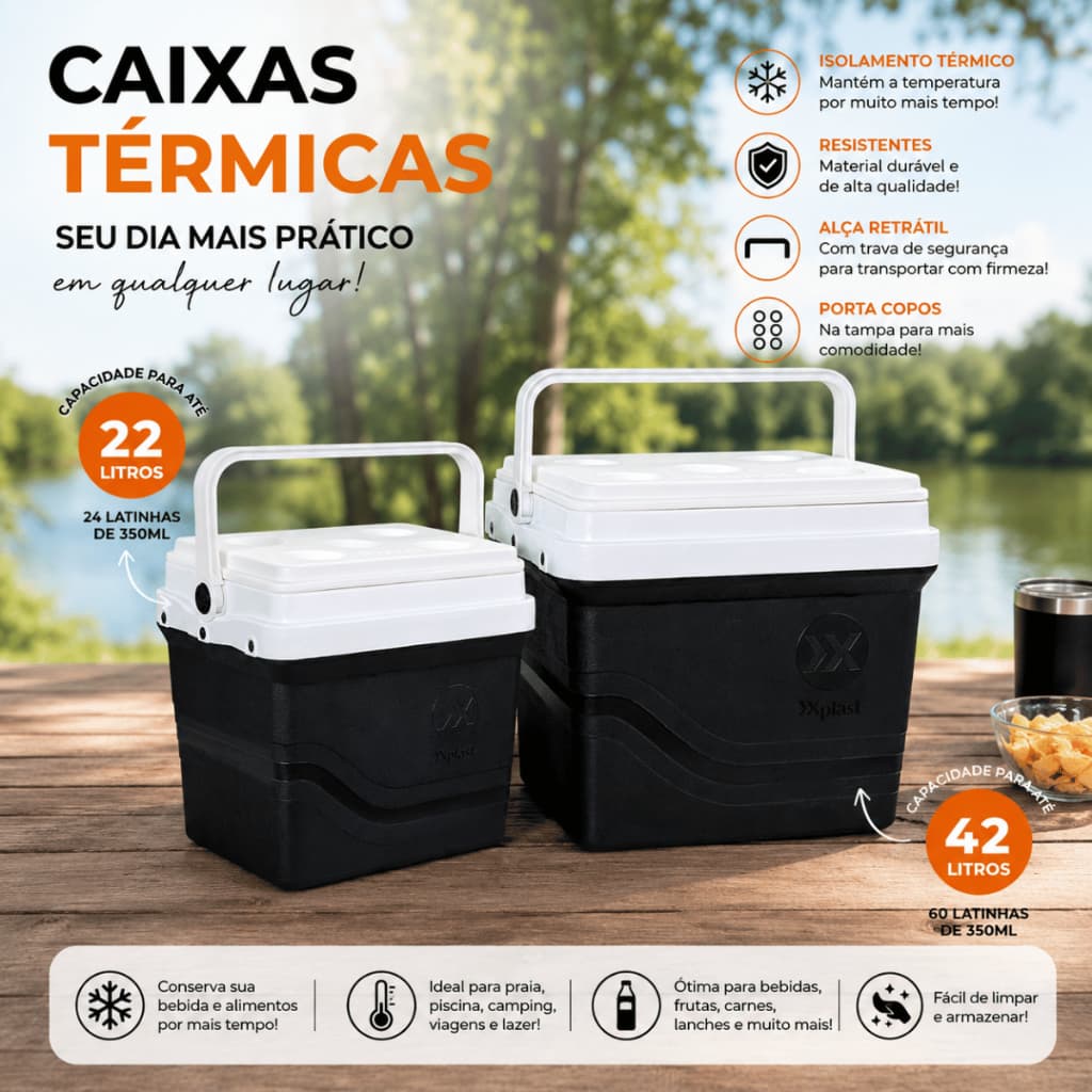 Caixa Térmica 22L 42L Conserva Bem c/ Alça Ideal p/ Viagem Praia Camping Piquenique Passeio Promoção
