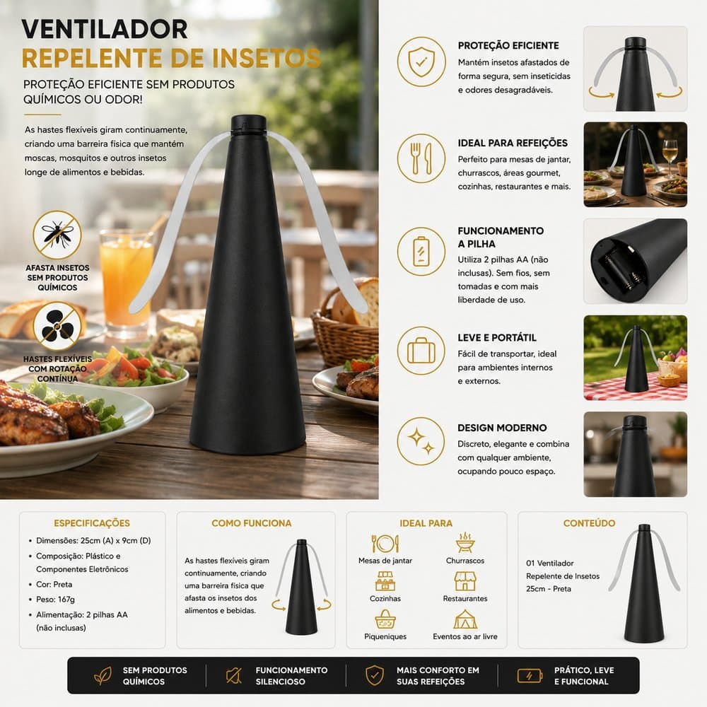 Ventilador Repelente de Insetos 25cm - Preta