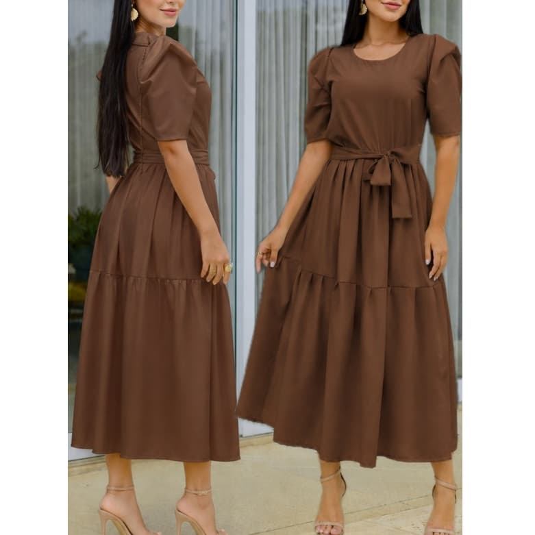 Vestido Midi de Mangas Evangélico em Tecido Dunas com Faixa na Cintura