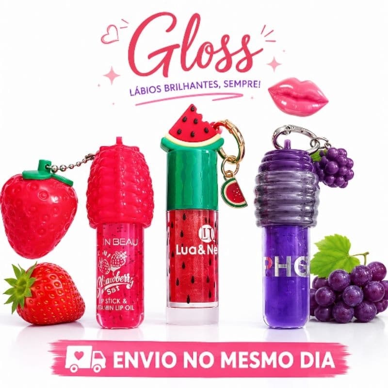 Gloss labial fofo Glosse com chaveiro Brilho labial frutinhas,morango, melancia kits 2,3,4,6,8 Glosses hidratante labial