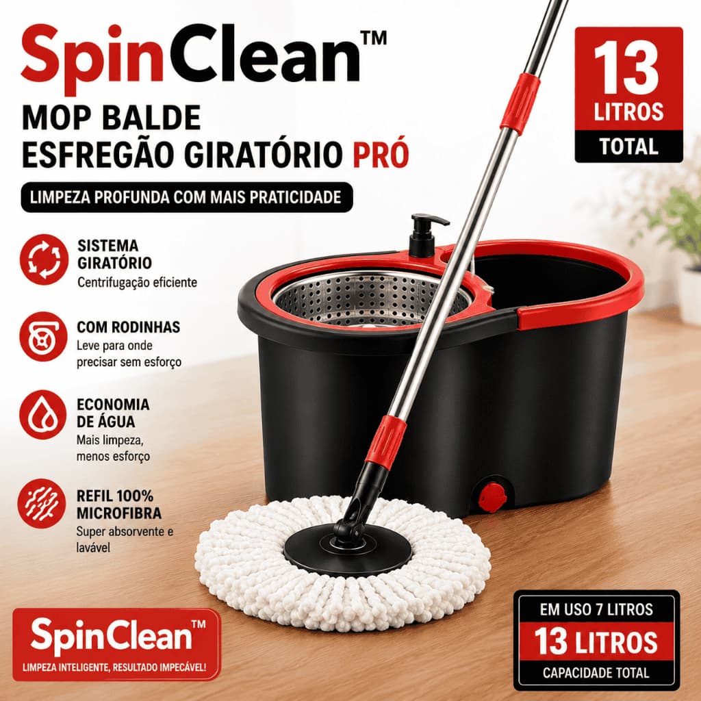 SpinClean™ Mop Giratório Pró 13L com Balde Rodas Alça Dispenser Cesto Inox Cabo em Aço Inox Refil Microfibra Lavável Lim