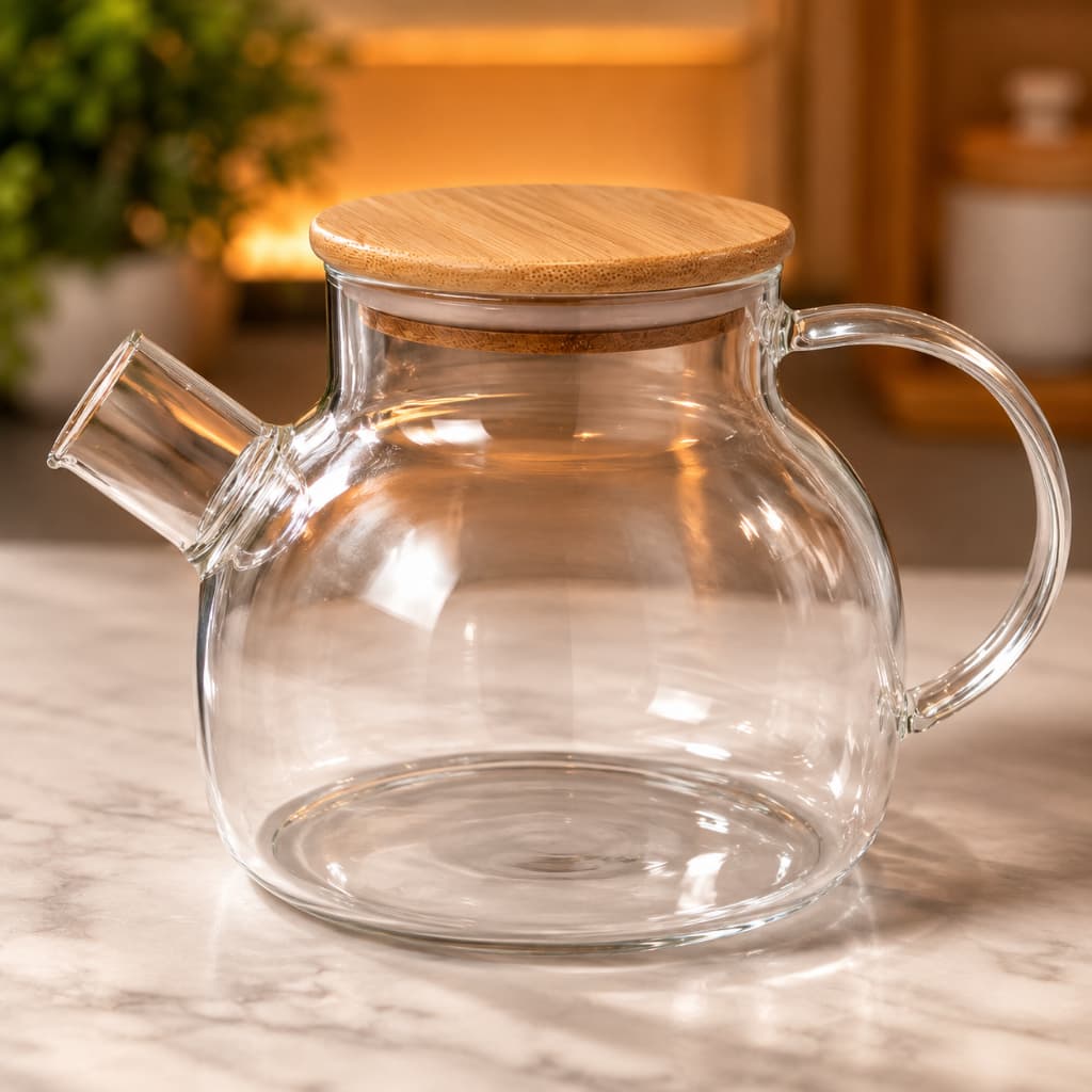 Chaleira de Vidro 1 Litro com Tampa de Bambu para Chá Café Infusões e Bebidas Quentes