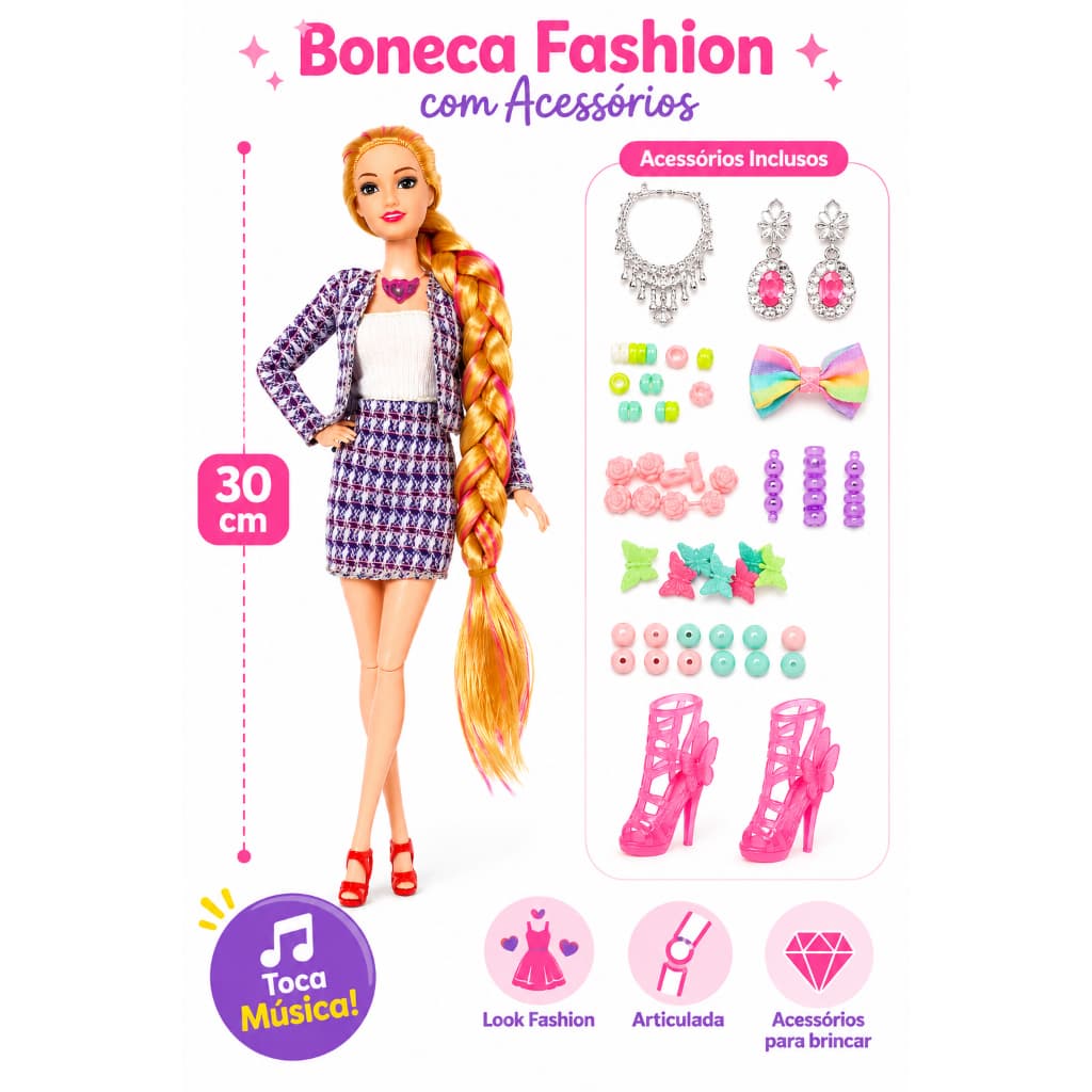 Boneca Fashion com Roupa Tweed e Kit de Acessórios para Fazer Pulseiras com Miçangas