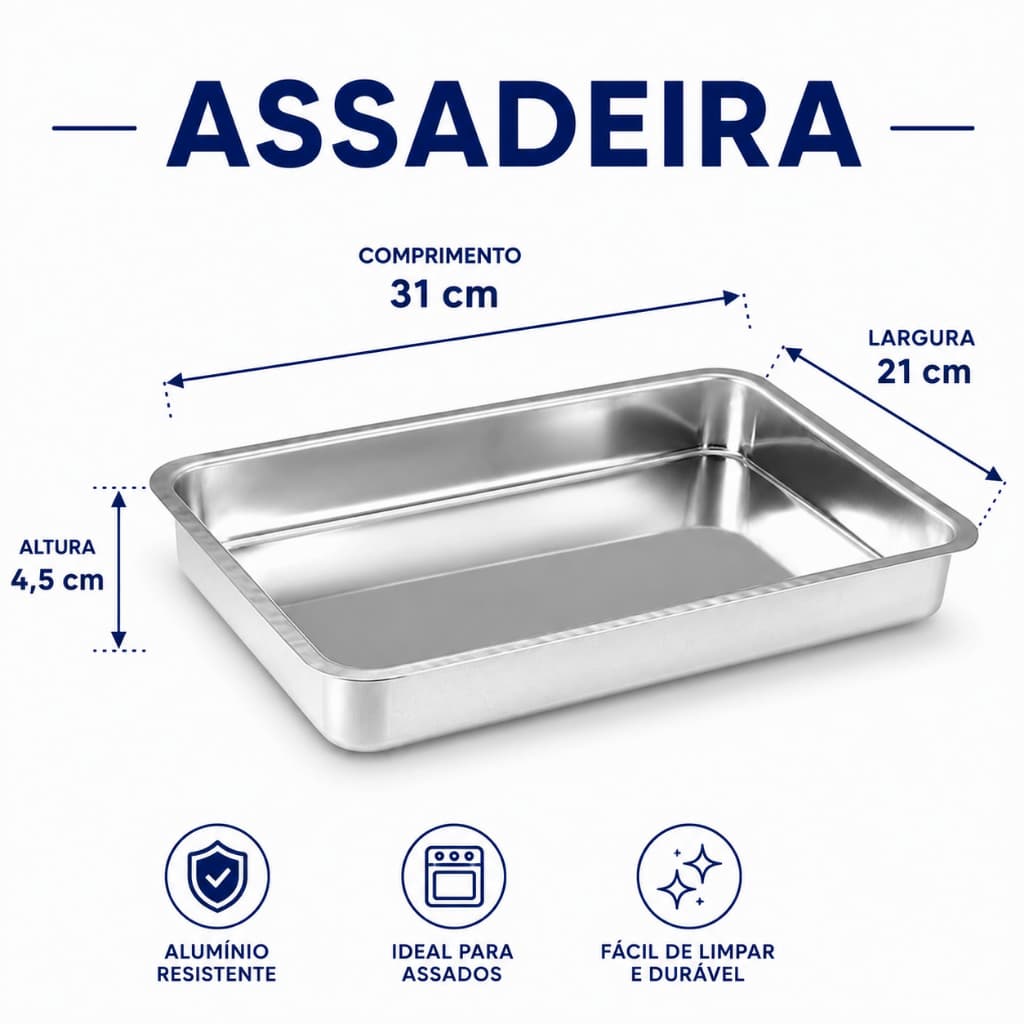Assadeira Alta nº 1 de Alumínio Nacional – 31 cm x 21 cm x 4,5 cm | Durável, Prática e Essencial na Cozinha