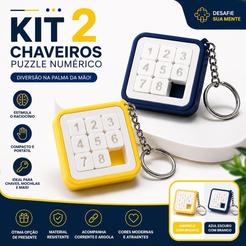 Kit 2 Chaveiros Puzzle Numérico Antiestresse Portátil