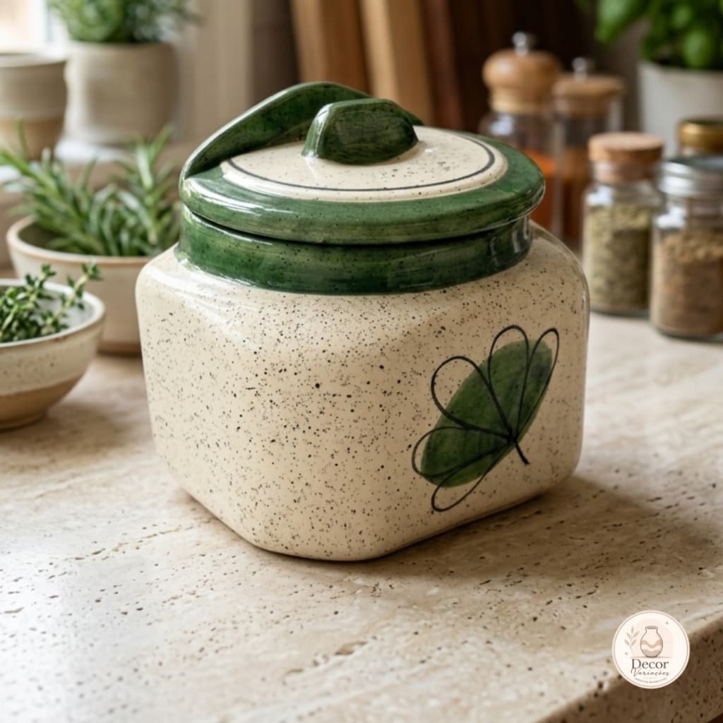 Saleiro Grande de Cerâmica com Tampa Capacidade 1kg | Verde Ruta Trevo | Porta Sal de Bancada | Cerâmica Artesanal