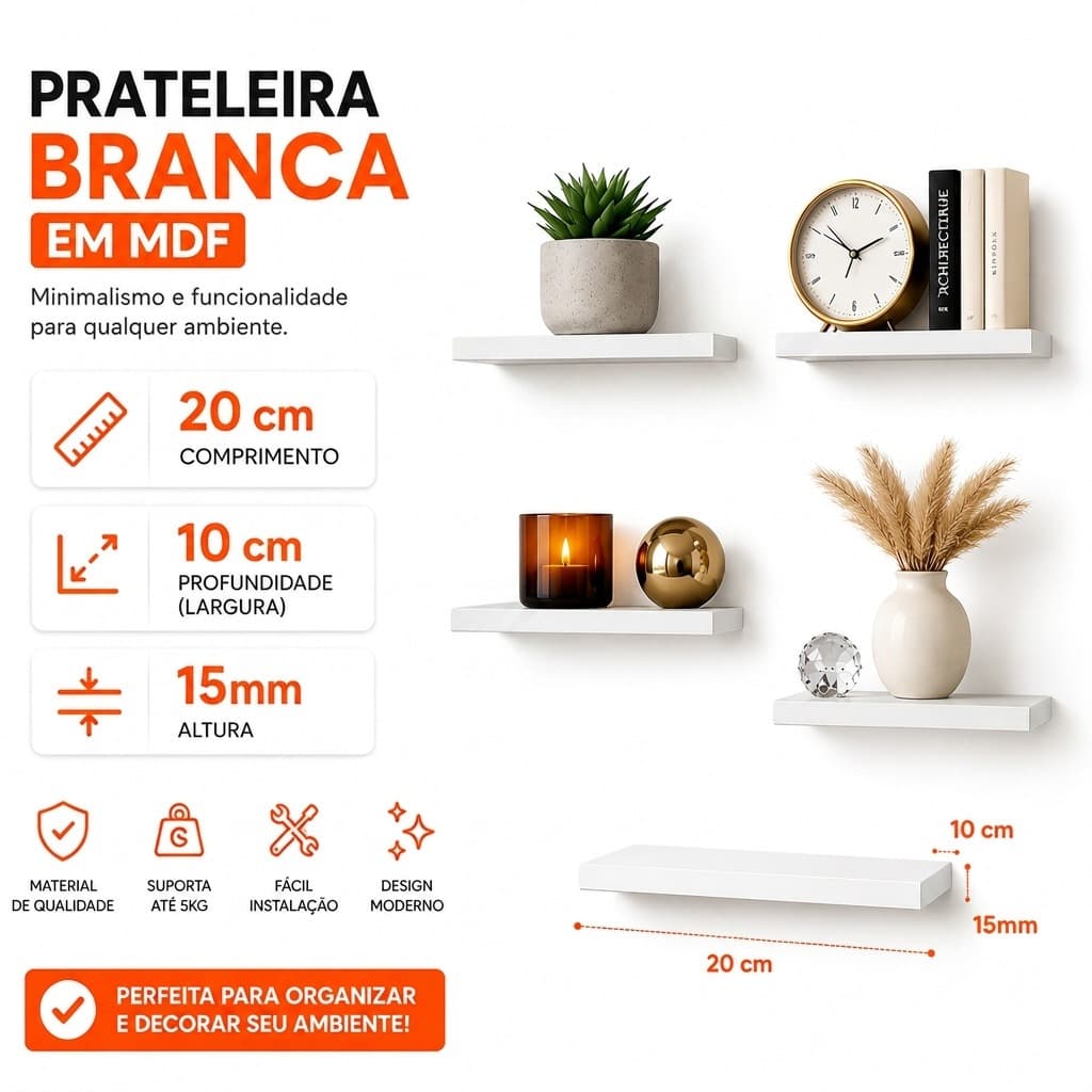 Prateleira Parede MDF Branca 20cm Decorativa Flutuante Quarto Sala Banheiro Infantil Kit Instalação