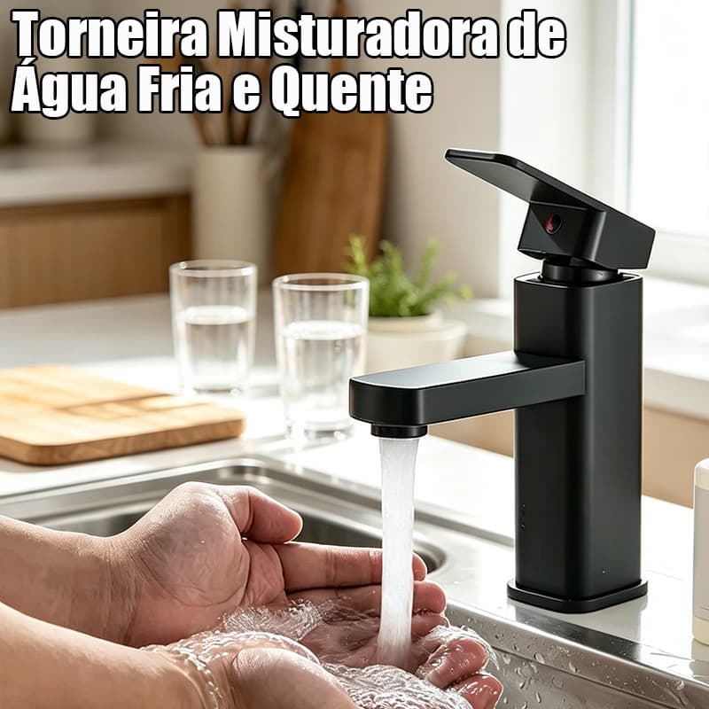Torneira Quadrada Preta Misturador Quente Fria Aço Inoxidável Furo Único Banheiro Pia Bancada