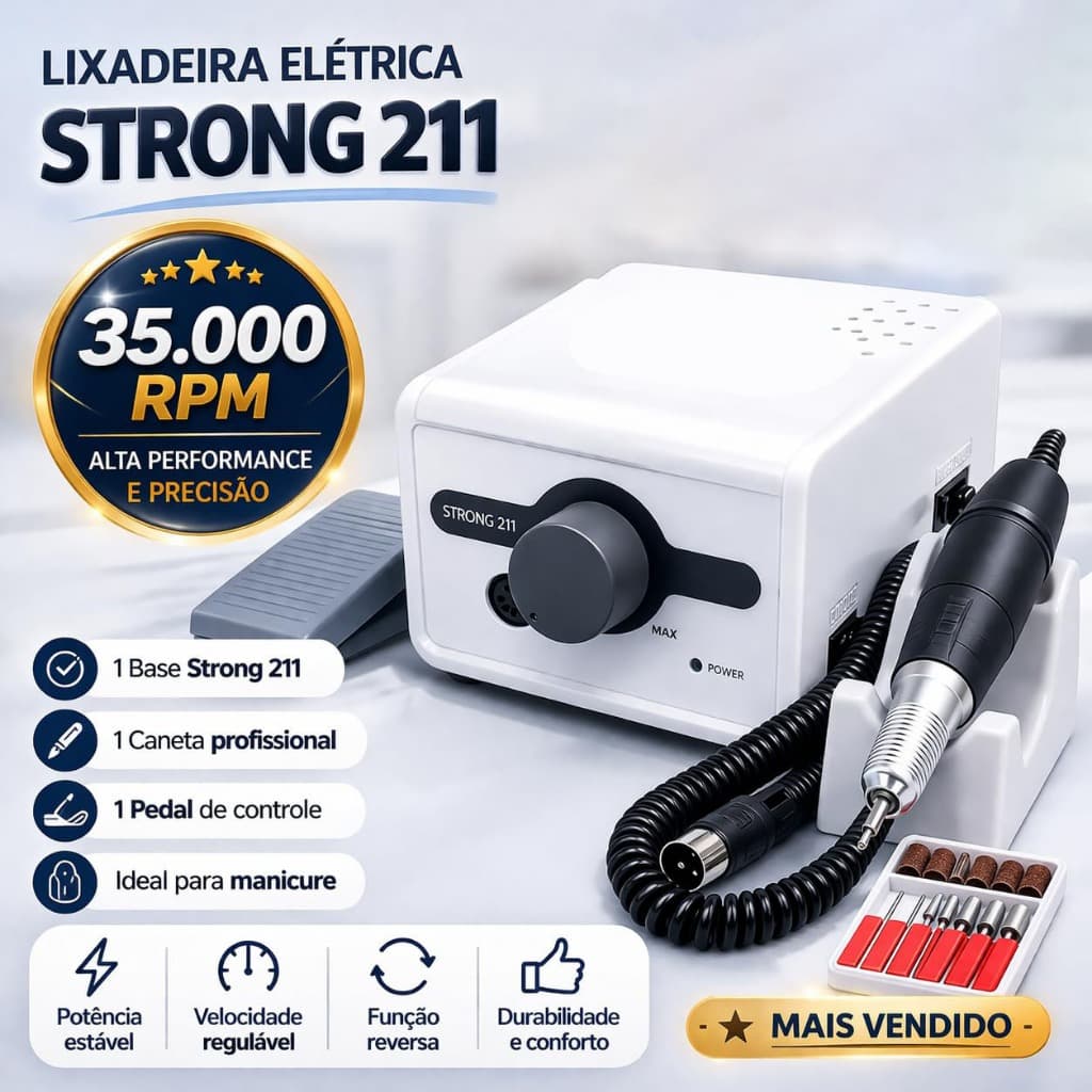 Micromotor Strong 211 Lixadeira Elétrica para Unhas 45000RPM Máquina de Manicure e Pedicure Profissional com Pedal e Bro