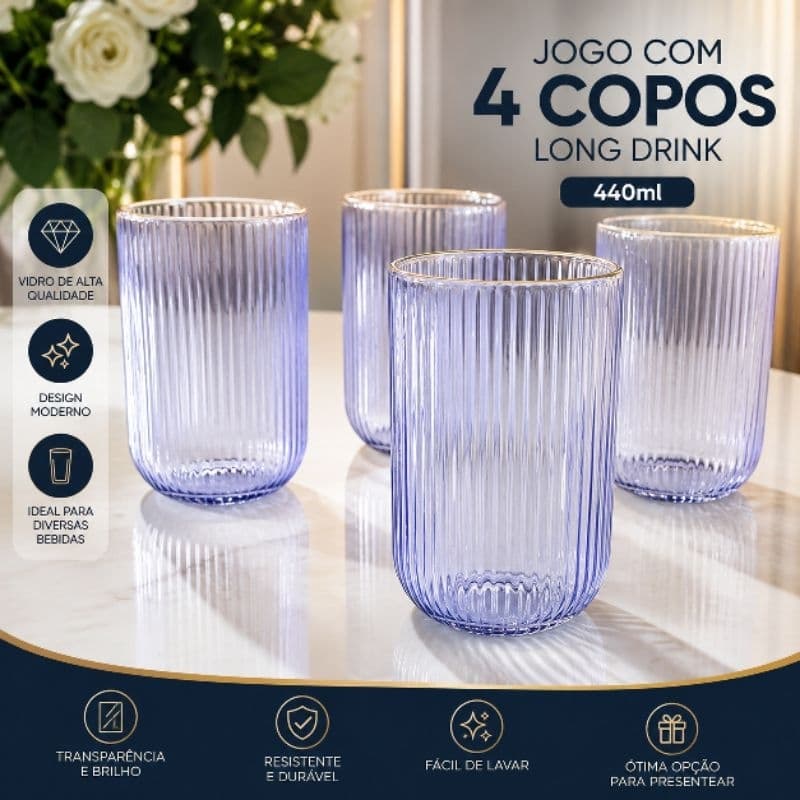 Jogo 4 Copos de Vidro Canelado Long Drink 450ml Borda Dourada Premium