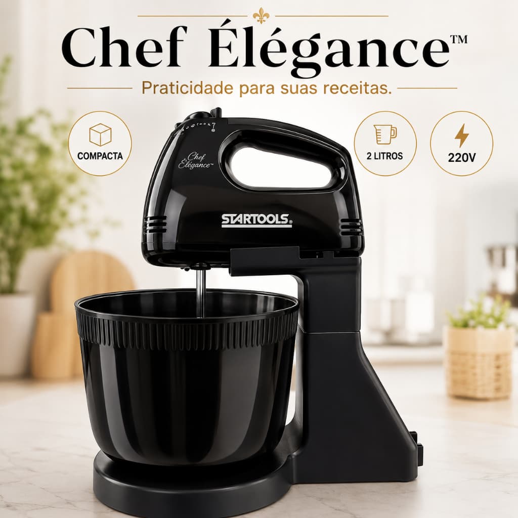 Batedeira Compacta 220V 2 Litros Chef Élégance™ Elétrica com Tigela Ideal para Bolos Massas e Cremes