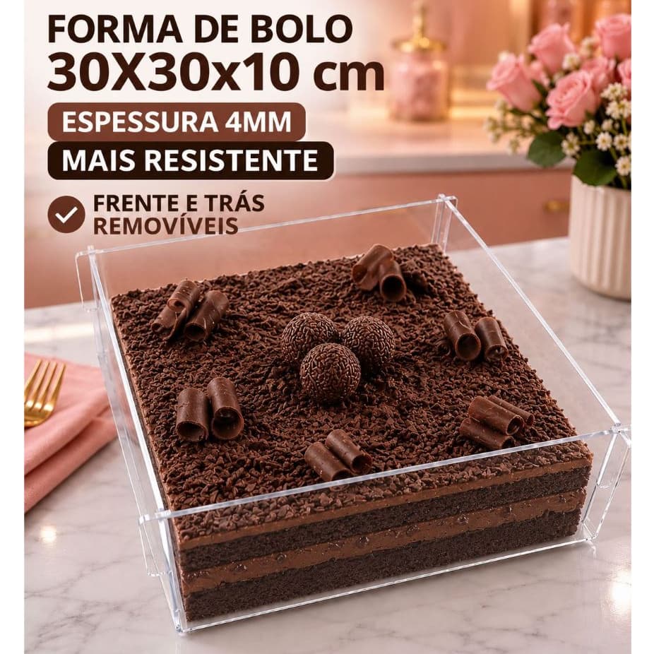 Kit com 1, 2, 3, 4 Formas Acrílica 30X30X10 Premium para Slice Cake Confeitaria Bolo Fatias SEM TAMPA