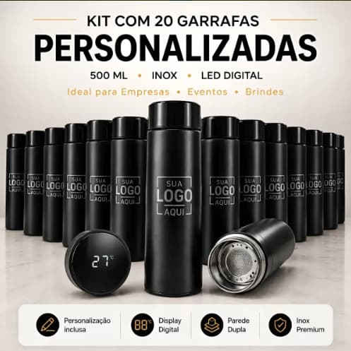 Kit 20 Garrafas Térmica Personalizada Inox 500ml Led Digital