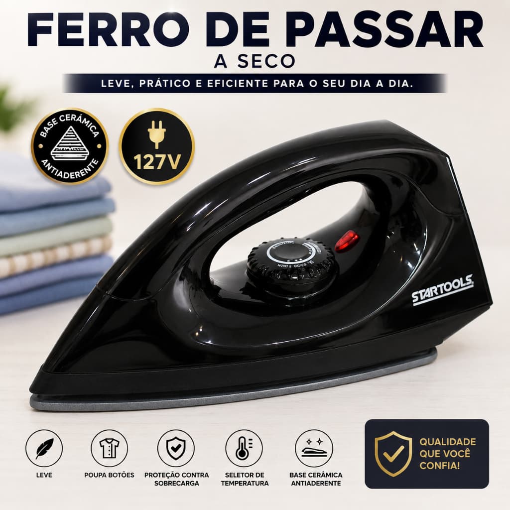 Ferro Passar Seco Design Moderno Alta Eficiencia 127V Preto Roupas Delicadas Duradouro